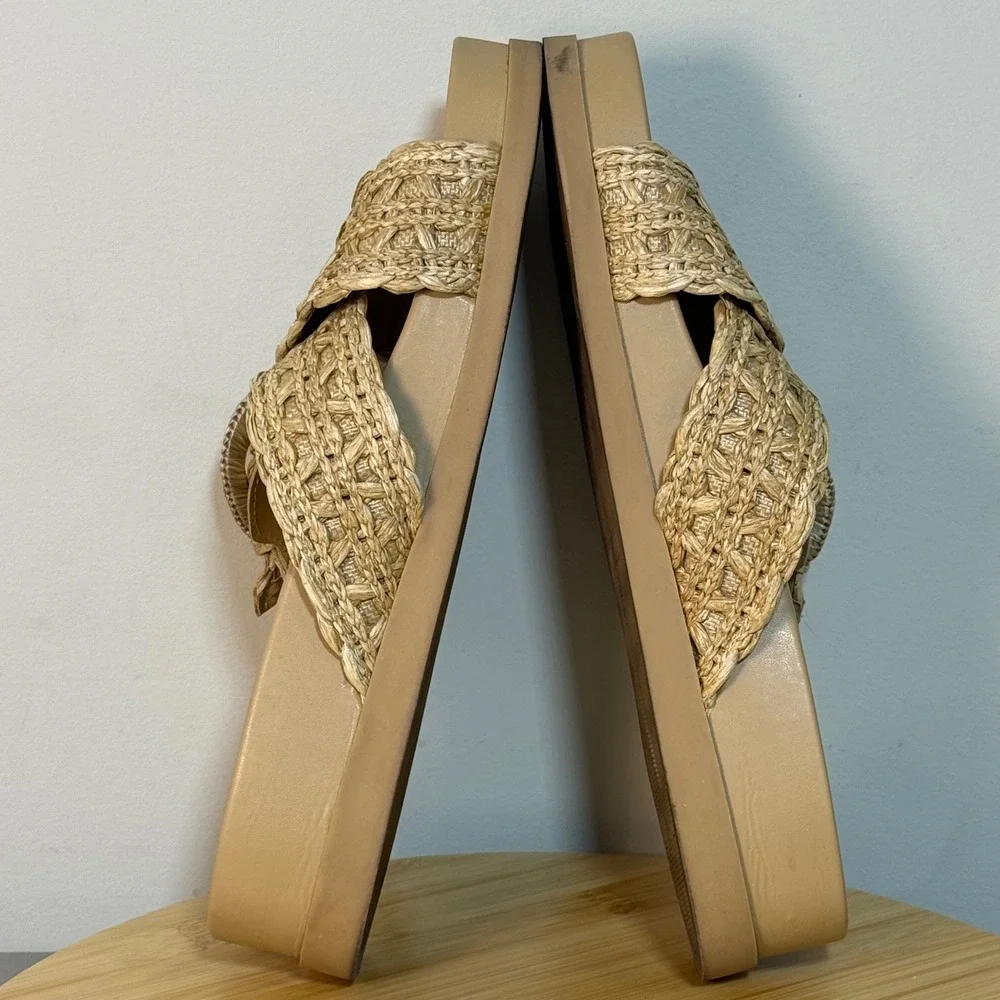 Marc Fisher Welti Woven Buckle Platform Sandal Women's 10M‎ Tan Nude Straw BOHO